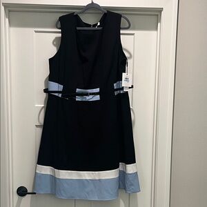 NEW Calvin Klein Black Midi Dress with Light Blue and White Trim